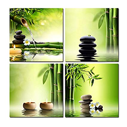 Pyradecor 4 Panel Perfect Bamboo Green Pictures Paintings on Canvas Prints Wall Art Large Modern Gallery Wrapped Zen Giclee Artwork for Living Room Bedroom Home Office Decorations