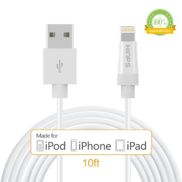 Apple Cable, Apple MFI Certified Lightning Cable- Kinps 10ft/3m Extra Long 8 pin Lightning Sync and Charge Cable with Compact Connector for iPhone 5 / 5s / 5c / 6 / 6 Plus / 6s / 6s Plus, iPod 7, iPad mini / mini 2/ mini 3, iPad Air / iPad Air 2 (10FT- White- 1pack)