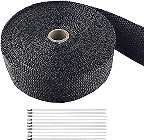 Foneso Car Exhaust Wrap, Exhaust Tape Bandage Titanium Black Fiberglass Heat Insulation Wrap Roll with 10 Stainless Steel Ties, for Motorcycle Car Exhaust Pipes, Mainfold (Black, 1 Roll 10M)
