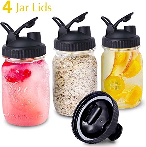 Mason Jar Lids, 4 Pack Wide Mouth Mason Jars Canning Lids with Easy Pour Spout and Leak-Proof Storage Flip Caps Black(Jars not Included)