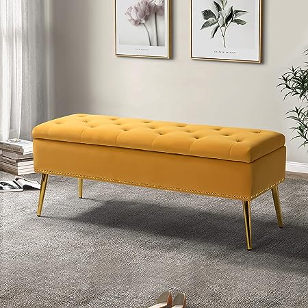 HULALA HOME Modern Velvet Storage Ottoman Bench with Gold Base & Nailhead Trim, Upholstered Bedroom Bench for End of Bed, Button-Tufted Footstool for Entryway Living Room Dining Room, Mustard