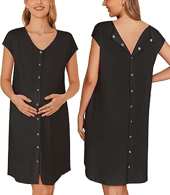 Ekouaer Labor/Delivery/Hospital Gown Nursing Nightgown Maternity Sleepwear With Pockets Postpartum Gowns with Button S-XXL