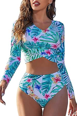 ATTRACO Long Sleeve Swimsuit Women Rashguard Swimsuit for Women Two Piece Rash Guard Crop Swim Tops