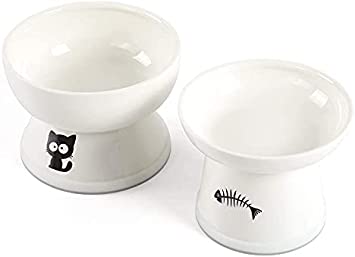 YY FOREYY Raised Cat Food and Water Bowl Set, Elevated Ceramic Cat Feeder Bowls with Anti Slip Band, Porcelain Pet Dish, Stress Free, Backflow Prevention, Dishwasher Safe(White)