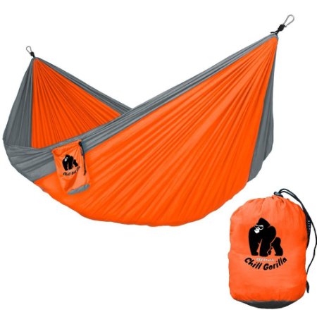 Chill Gorilla Portable 2 Person Parachute Camping Hammock Orange and Silver. Lightweight. Perfect for backpacking.