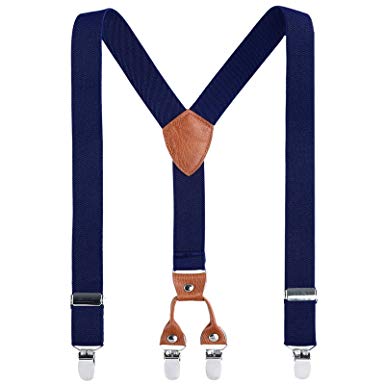 Kids Child Men Boy Suspenders - Adjustable Elastic Solid Color 4 Strong Clips Braces