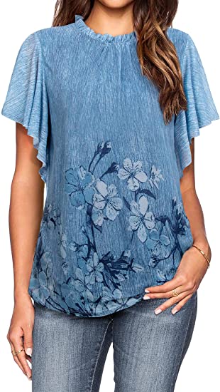 Lotusmile Women's Ruffled Blouse Flutter Sleeve Double-Layered Mesh Tunic Top Shirt