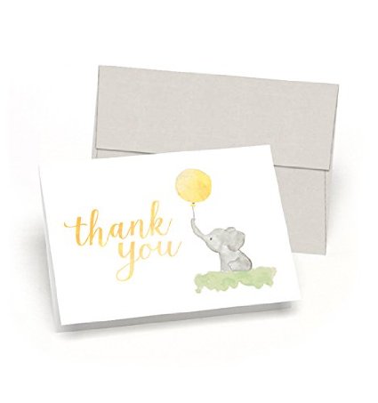 Beautiful Baby Shower Thank You Cards (Set of 10 Cards   Envelopes) - Watercolor Elephant & Yellow Balloon - By Palmer Street Press