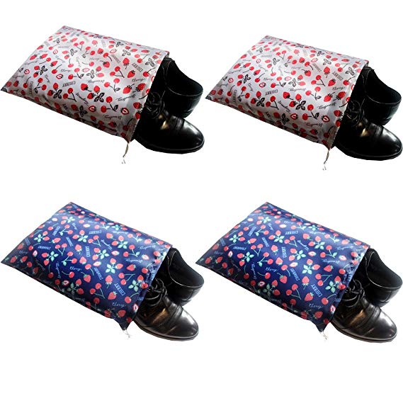 FashionBoutique waterproof Nylon shoe bags- Set of 4 travel friends (15.1"(L) x12.2(W), 2 Blue(Cherry and Strawberry)   2 Grey(Cherry and Strawberry))