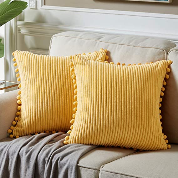 Fancy Homi Pack of 2 Boho Yellow Decorative Throw Pillow Covers with Pom-poms, Soft Corduroy Accent Solid Square Cushion Cases Set for Couch Sofa Bedroom Car Living Room (16x16 Inch/40x40 cm, Yellow)