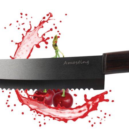 AMOSTING 6 Inch Serrated Ceramic Tomato Knife - Bread Knife - Wood Handle - Black Blade