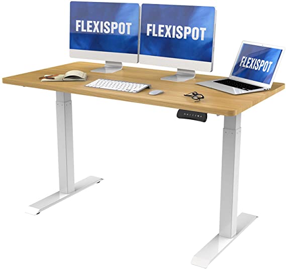 FlexiSpot Dual Motor Electric Standing Desk, 55 x 28 Inches Stand Up Adjustable Desk, Home Office Table Standing Desk Converter Computer Workstation Adjustable Height, White Frame, Maple Desktop