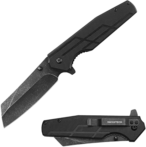 Swiss Tech Pocket Folding Knife, Stonewash Blade Tactical Knife with G10 Handle, Good for Outdoor, Survival, Hunting and Camping