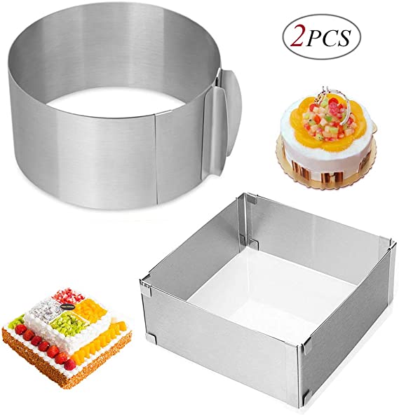HMIN Adjustable Cake Mold Mousse Ring, Heavy Duty 6-12 Inch Round Cake Ring Mold and 6.1-11 Inch Square Cake Mold Cake Ring Set of 2 (Round&Square)