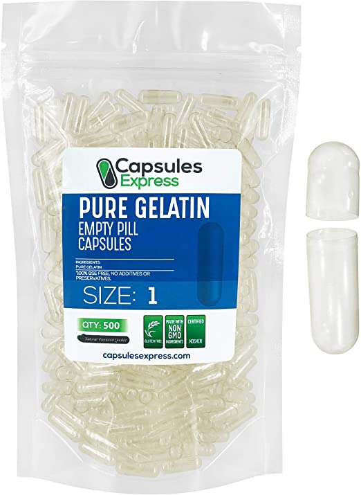 Capsules Express- Size 1 Clear Empty Gelatin Capsules 500 Count - Kosher and Halal - Pure Gelatin Pill Capsule - DIY Powder Filling