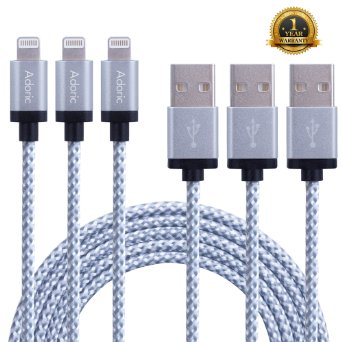 Adoric 3Pack 10FT/3M Extra Long Nylon Braided Lightning to USB Sync Charge Cable Cord Charger with Aluminum Connector for iPhone 6s/6s Plus/6/6Plus/5s/5c/5, iPad/iPod Models (White)
