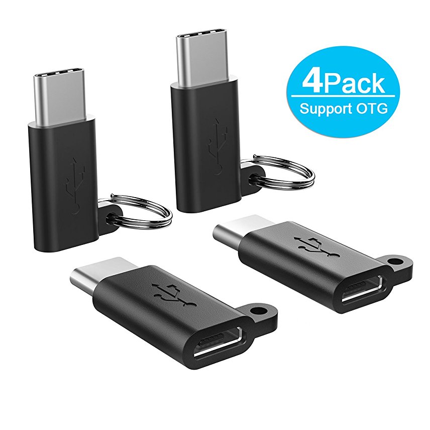 SKYEE USB C Adapter with Keychain, [4 Pack] USB C to Micro USB Adapter Converter (Support OTG) Type C Adapter for Samsung Galaxy S8 / S8  /Note 8, Nintendo Switch, MacBook Pro, ChromeBook Pixel, Huawei P9/P10, and Other Type-C Devices (Black)