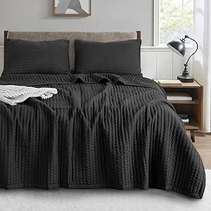 KASENTEX Black Oversized King Size Quilt Bedding Sets with Pillow-Shams, Lightweight Soft Bedspread Coverlet, Durable Stitched - Quilted Blanket Thin Comforter Bed Cover, 3 Pieces, 112x106 inches