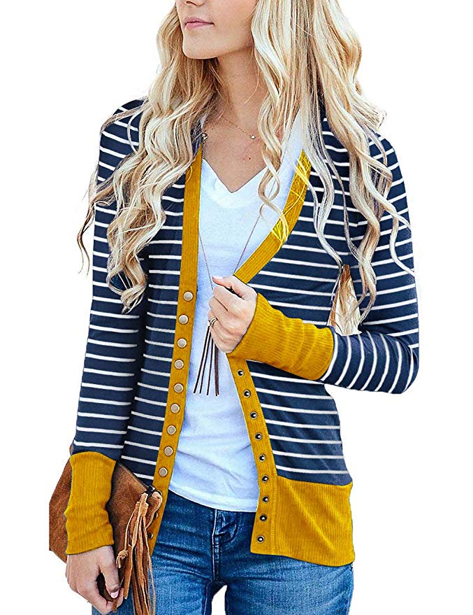 MEROKEETY Women's Long Sleeve Striped Snap Button Down Contrast Color V Neck Cardigans