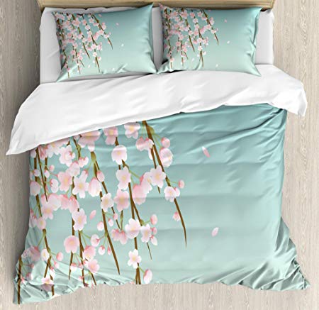 Ambesonne Weeping Flower Queen Size Duvet Cover Set, Freshly Blooming Cherry Blossom Branches with Flower Buds, Decorative 3 Piece Bedding Set with 2 Pillow Shams, Pale Pink Baby Blue and Taupe