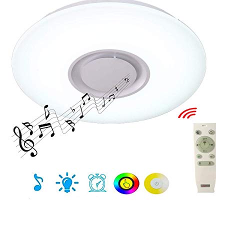 15-inch Dimmable LED Music Ceiling Lamp with Bluetooth Speaker 24W, Bluetooth Control via Smart Phone APP, 15-inch Flush Mount Ceiling Light by HOREVO (Remote Includes)