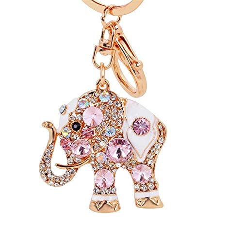 Reizteko Lucky Elephant Colorful Opal Rhinestone Plating Women Car/Bag Keychain Purse Charm - Pink