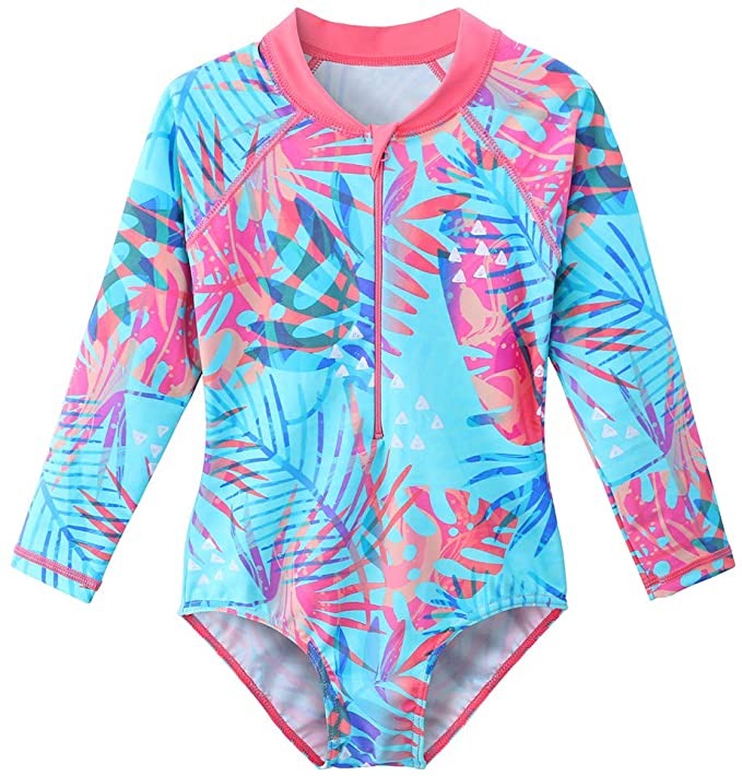 TFJH E Kids Girls Rashguard Swimsuit UV 50  Long Sleeve One Piece Swimwear Zip