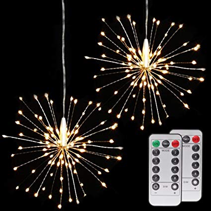 Onforu 2 Pack LED String Lights, 8 Modes Dimmable with Remote Control, Battery Operated Hanging Starburst Lights with 100 LED, IP65 Waterproof, Decorative Copper Wire Lights for Parties(Warm White)