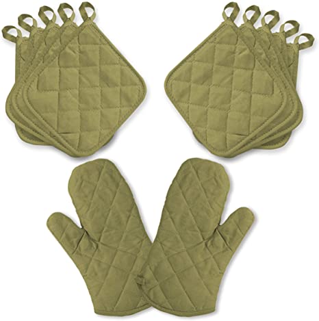 American Mills Pot Holders and Oven Mitts Set 12 Piece| 10 Cotton and Polyester Quilted Kitchen Pot Holders and Oven Mitts | Heat Resistant and Machine Washable (Green)