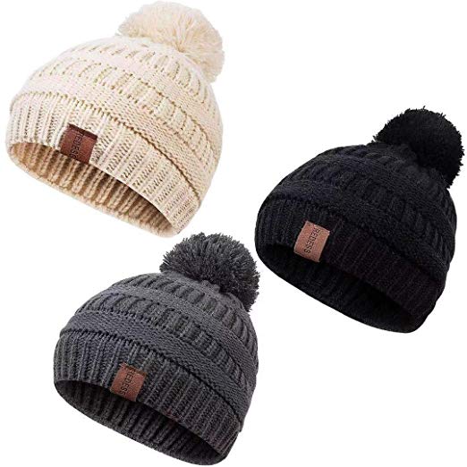 REDESS Baby Kids Winter Warm Fleece Lined Hats, Infant Toddler Children Pom Pom Beanie Knit Cap Girls Boys