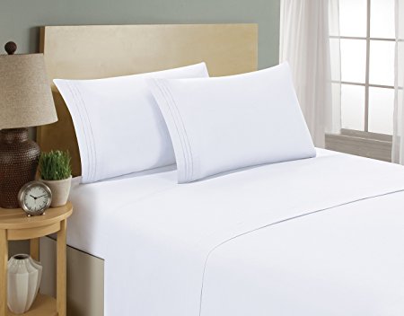 1800 Series Egyptian Collection 3 Line Microfiber 4 Piece Bed Sheet Set (Queen, White)