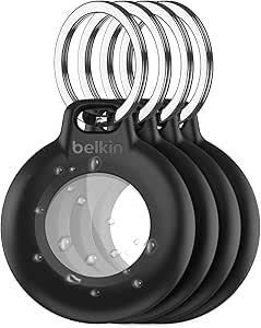 Belkin Waterproof Apple AirTag Secure Holder with Key Ring, Durable Scratch-Resistant AirTag Case, Protective AirTag Keychain Accessory for Keys, Pets, Luggage, Backpacks, and More - Black (4-Pack)