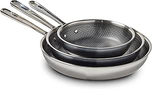 T-fal HybridMesh Tri-Ply Stainless Steel 3 Piece Cookware Set, 8, 10.25, and 12 Inch, Induction Oven Safe 500F, Metal Utensil Safe, Platinum Non Stick, Pots and Pans Set, Dishwasher Safe, Silver/Black