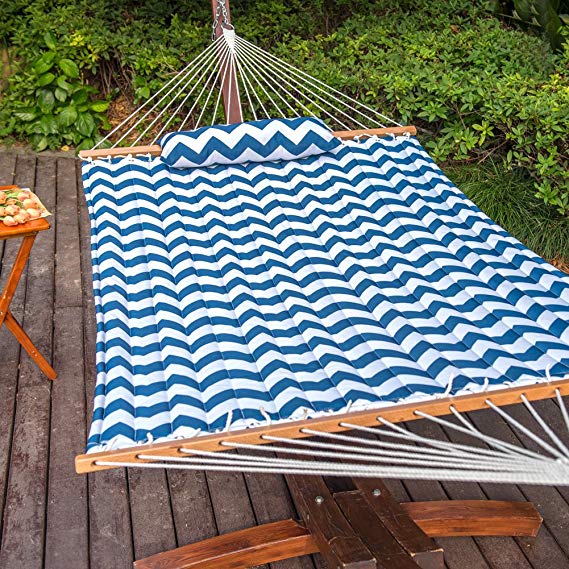 Lazy Daze Hammocks Quilted Fabric Hammock with Hardwood Spreader Bar and Poly Pillow, 55" Double Size, Blue Chevron Stripe