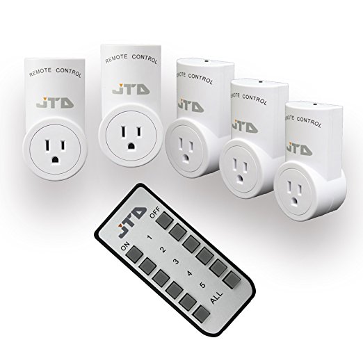 JTD 5 Pack Energy Saving Auto-programmable Wireless Remote Control Electrical Outlet Switch Outlet Plug Switch with remotes for Household Appliances Lamps, Lighting & Electrical Equipment