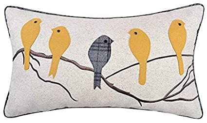 JWH Birds Accent Pillow Case Applique Hand Emobroidery Cushion Cover Wool Decorative Pillowcase Home Sofa Car Bed Living Room Decor Sham Gift 14 x 24 Inch Mustard Birds with Gray Plaid Bird on Branch