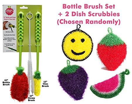 Bottle Brush Cleaner and Non Scratch Dish Scrubber Pads Gift Set (6pc Total) | Long 12 inch Brush Cleaning Set for Baby Bottles, Cups, Mugs, Tumblers, Stemware | Kitchen Sponge Pad No Mildew Smells