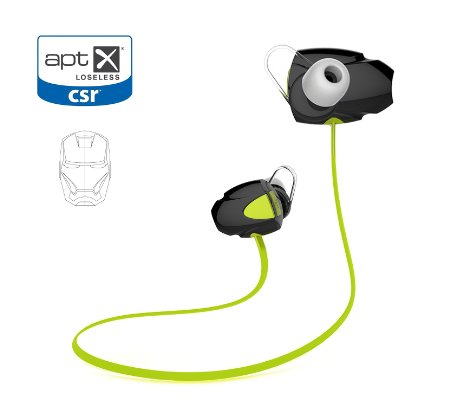 ZIOCOM Iron Man CSR Bluetooth 4.1 Wireless hands-free Sport Sweatproof Headphones for Running Gym Exercise Headset Earphones with APT-X/Mic for iPhone Samsung Galaxy and Android Phones (Green)