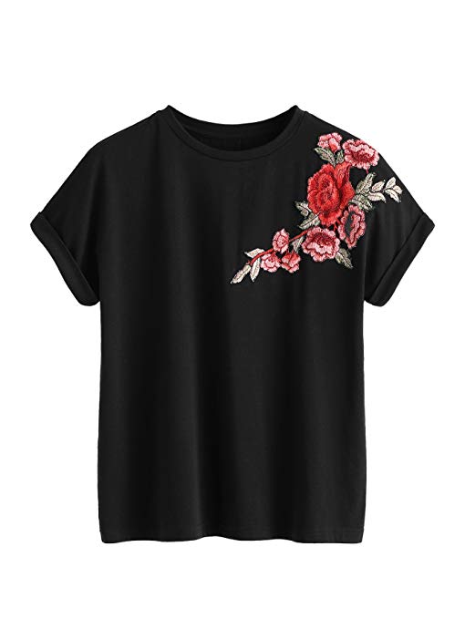 Romwe Women's Floral Embroidery Cuffed Short Sleeve Casual Tees T-Shirt Tops