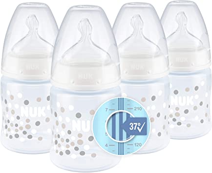 NUK First Choice Baby Bottles, Anti-Colic, 0-6 Months Silicone Teat, Temperature Control, BPA Free, 150 ml, 4 Count