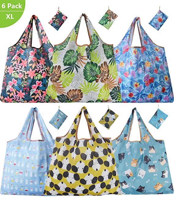 Reusable Shopping Bags 6 Pack Foldable Eco-Friendly Large Groceries Tote Bag with Pouch Washable Sturdy Lightweight Grocery Bags (6 XL Pattern B)