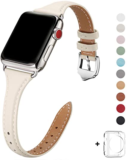 WFEAGL Leather Bands Compatible with Apple Watch 42mm 44mm,Top Grain Leather Band Slim & Thin Wristband for iWatch Series 5 & Series 4/3/2/1(Ivory White Band Silver Adapter,42mm Small&Middle Size)