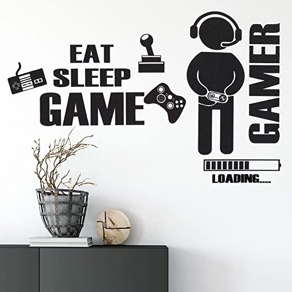 2 Pieces Game Wall Stickers Eat Sleep Video Controller Game Wall Decal Poster Vinyl Gaming Boy Wall Stickers for Kids Bedroom Home Playroom Decoration