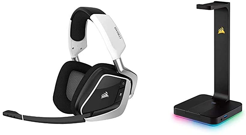 Corsair Void RGB Elite Wireless Premium Gaming Headset - White & ST100 RGB Premium Headset Stand with 7.1 Surround Sound - 3.5mm and 2xUSB 3.0