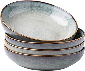 AmorArc 8.5'' Large Pasta Bowls, 36oz Stoneware Pasta Serving Bowls Set of 4 for Kitchen, Wide Bowls for Pasta,Salad,Oatmeal, Microwave Safe, Reactive Glaze-Ocean