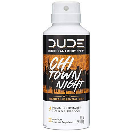 Dude Products Deodorant Body Spray, Multipurpose Usage with Natural Essential Oils, Chi Town Night Scent, 2.8 oz