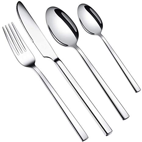 WUJO Cutlery Set, Stainless Steel Dinner Set, 16 Piece Dinnerware/Tableware/Silverware Set Service for 4, Include Knife/Fork/Spoon/Teaspoon, Mirror Polished, Dishwasher Safe