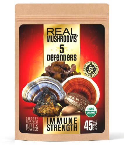 5 Defenders Mushroom Extract Blend by Real Mushrooms - Chaga Reishi Shiitake Maitake and Turkey Tail Mushroom Extract Powders - Certified Organic - Immune Defense - 45g Bulk Mushroom Powder - Perfect for Shakes Smoothies Coffee and Tea
