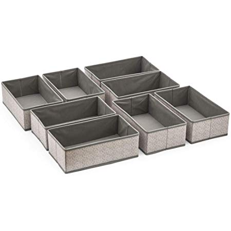 EZOWare Set of 8 Drawer Divider Bins, Closet Dresser Storage Organizer Foldable Fabric Boxes for Nursery, Clothes, Kitchen, Pantry, Bathroom and More - Gray, 12 x 7 x 4 inches