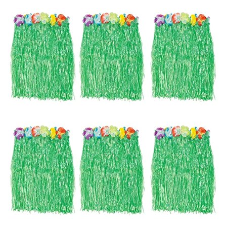 B&S FEEL Kid's Flowered Green Luau Hula Skirts, Pack of 6